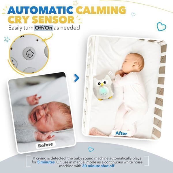 Baby Night Light Sensor aktiverad av Cry Child Sleep Soft Owl - Baby Gift Plysch Baby Lullaby-White Noise med 10 musikljud