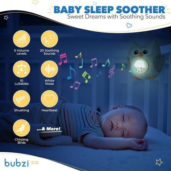 Baby Night Light Sensor aktiverad av Cry Child Sleep Soft Owl - Baby Gift Plysch Baby Lullaby-White Noise med 10 musikljud