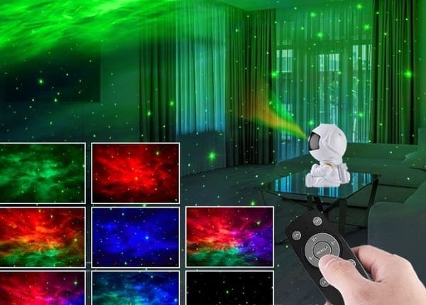 Valoisa Astronaut Galaxy -lamppu/tähtiprojektori tähtitaivaalla