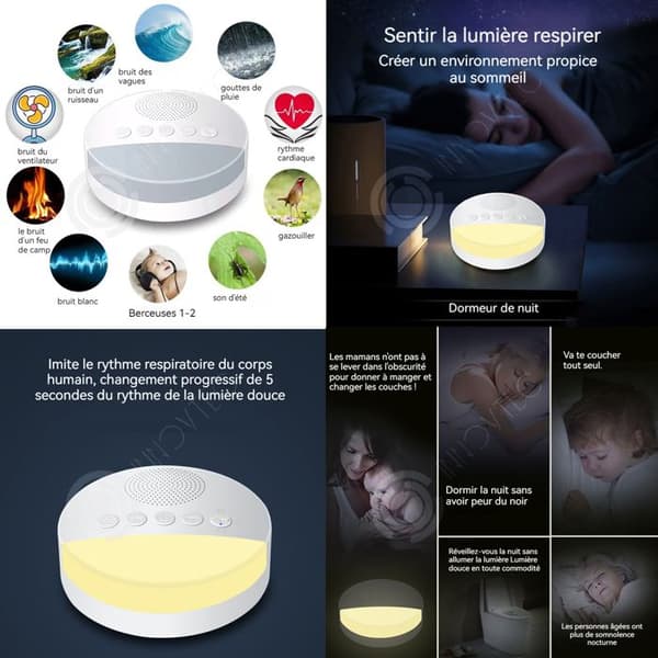 INN White Noise-maskin 1200mah 9x9x3,1cm USB-laddningsmaskin för white noise med 20 lugnande ljud och 3 nivåer nattljustimer