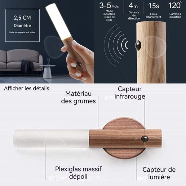 C Trådlös väggmonterad LED-nattlampa i ABS med magnetisk applikation och rörelsedetektor, bärbar sänglampa