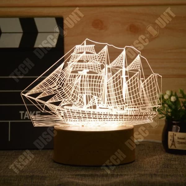 TD® 3D Optisk LED Nattljus 3D LED Nattljus Fartyg Segelbåt med 7 ljusa färger för heminredning lam