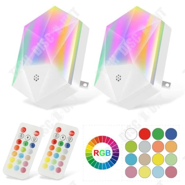 TD® 2-pack LED Nattlampa Barn Plug-and-Play Baby Nattlampa med fjärrkontroll 16 justerbara färger RGB Dimbar Ljusstyrka