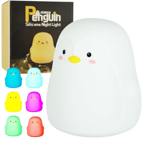 Barnsilikon nattlampa med taktil LED vit RGB pingvin