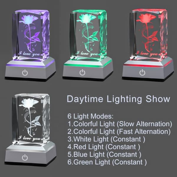 3D Rose Crystal Multi Colour Night Light - Jeg elsker dig, Valentinsdagsgave til hende Min kæreste Kone Mor Jubilæum og fødselsdagsgave