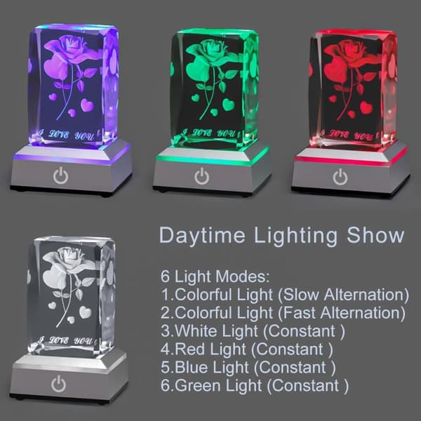 3D Rose Crystal Multi Colour Night Light - Jeg elsker dig, Valentinsdagsgave til hende Min kæreste Kone Mor Jubilæum og fødselsdagsgave