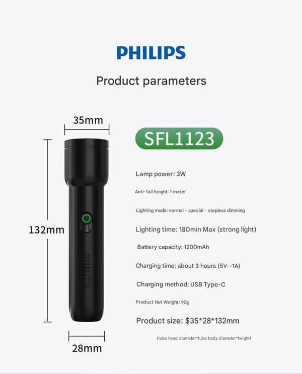 Philips taskulamppu SFL1123 taskulamppu kirkkaalla valolla ja erittäin pitkäikäisellä ulkovalaistuksen hätävalolla