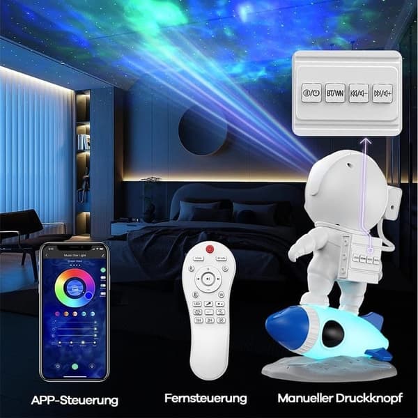 Lollanda Astronaut Yövalo / Galaxy-lamppu - Tähtitaivasprojektori kaukosäätimellä ja Bluetooth-kaiuttimella