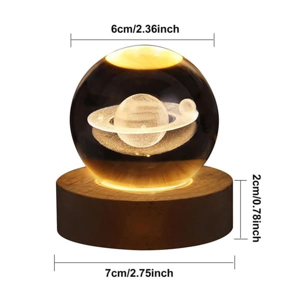 Bomclap Saturn 3D Crystal Dome Night Light - Planeettavalo lasi- ja puurengasjärjestelmällä (USB-virtalähde)