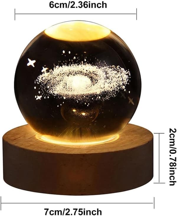 Bomclap 3D Crystal Ball -yölamppu, 60/80mm jäätelön värilamppu puisella jalustalla, aurinkokunnan kristallipalloplaneettalamppu
