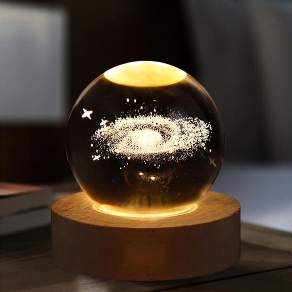Bomclap 3D Crystal Ball -yölamppu, 60/80mm jäätelön värilamppu puisella jalustalla, aurinkokunnan kristallipalloplaneettalamppu Beige 80mm