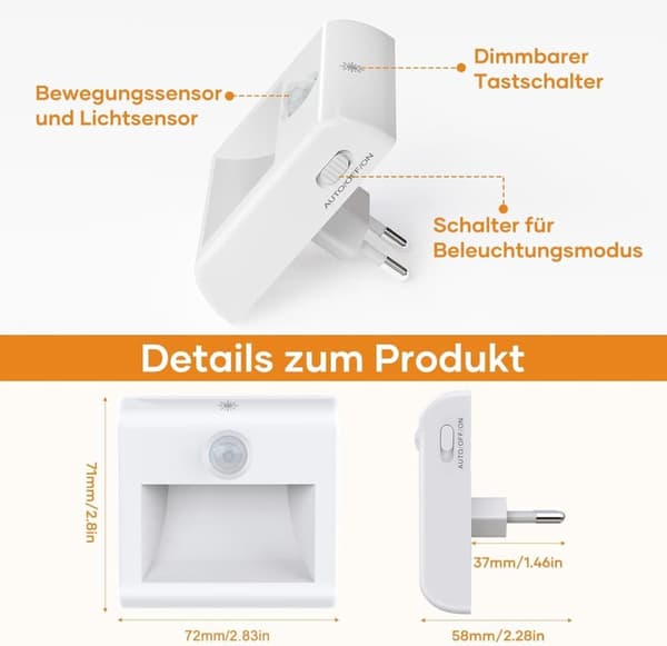 OBOSOE 2-Pack LED-yövalo liiketunnistimella ja päivänvalotunnistimella – himmennettävä, automaattinen päälle/pois, lämmin valkoinen
