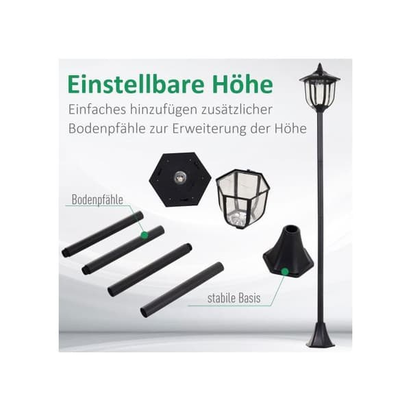 Outsunny Solcellampa trädgårdslampa LED 30/60 lumen, svart plast, Ø 26,5 x H 177 cm