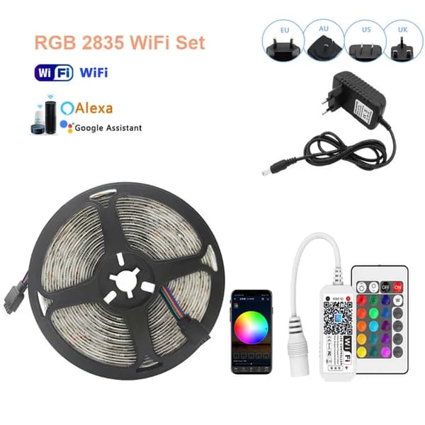 LED Strip Light, RGB-färgalternativ, WiFi- och Bluetooth-anslutning, RGB 2835 WiFi Set, Ej Vattentät IP20, 15M Full Set