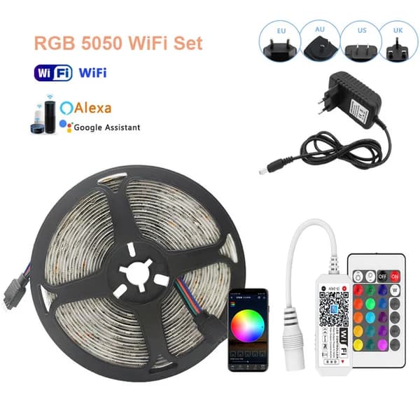 LED Strip Light, RGB-färgalternativ, WiFi- och Bluetooth-anslutning, RGB 5050 WiFi Set, Vattentät IP65, 10M Full Set