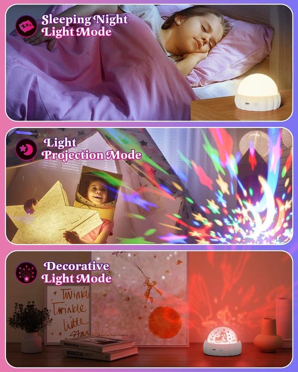 Bomclap Star Projector Natlys til børn – 3 temaer, 360° rotation, sengelampe med stjernehimmel