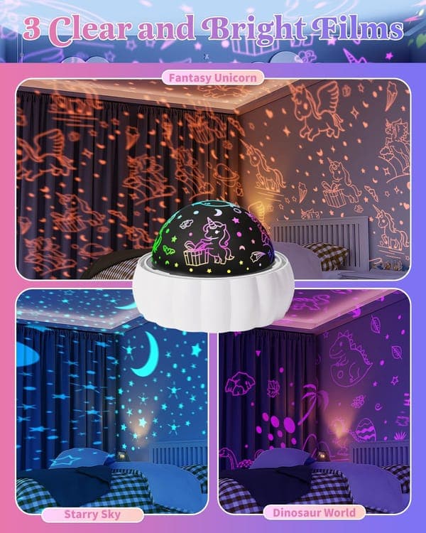 Bomclap Star Projector Natlys til børn – 3 temaer, 360° rotation, sengelampe med stjernehimmel