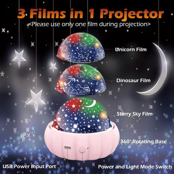 Bomclap Star Projector Natlys til børn – 3 temaer, 360° rotation, sengelampe med stjernehimmel