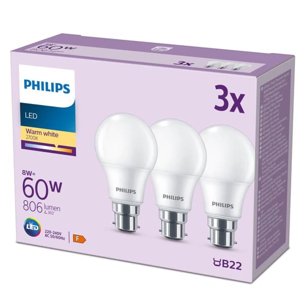 LED-lampa Philips 60 W Matt Varmvit F 8 W 60 W B22 3 antal (2700 K)