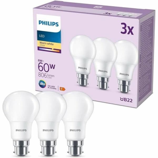 LED-lampa Philips 60 W Matt Varmvit F 8 W 60 W B22 3 antal (2700 K)