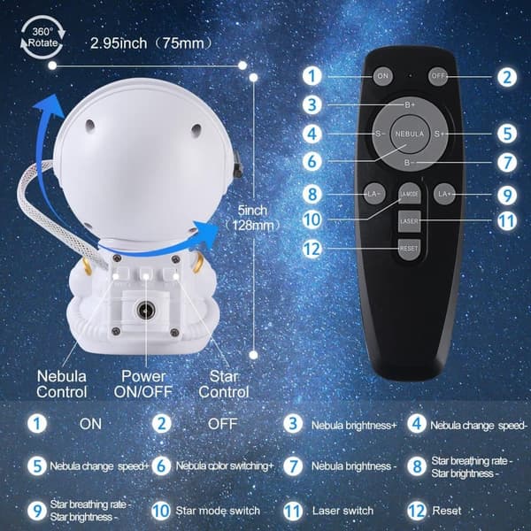 Lollanda Astronaut Galaxy -projektori, tähtitaivaan yövalo kaukosäätimellä, USB-lataus