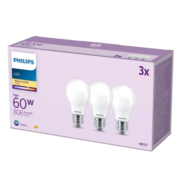 LED-lampa Philips A60 E27 Varmvit E 7 W 60 W E27 806 lm 3 antal (2700 K)