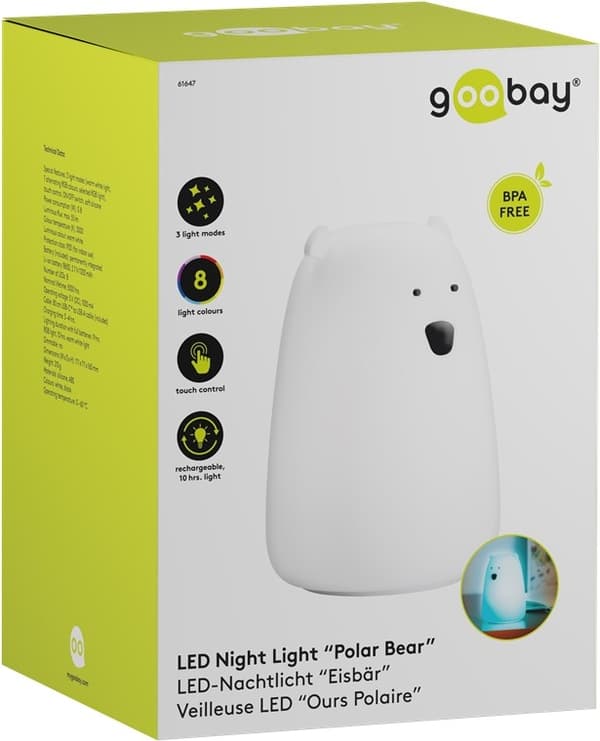 Goobay LED-nattlampa "Isbjörn" varmvitt ljus och 7 färgskiftningar (RGB-ljus), med 3 ljuslägen, beröringssensor och Li-ion-batteri (3,7 V/1200 mAh), t