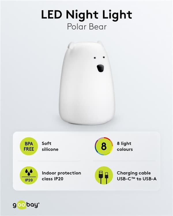 Goobay LED-nattlampa "Isbjörn" varmvitt ljus och 7 färgskiftningar (RGB-ljus), med 3 ljuslägen, beröringssensor och Li-ion-batteri (3,7 V/1200 mAh), t