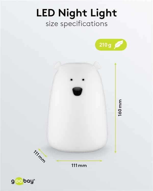 Goobay LED-nattlampa "Isbjörn" varmvitt ljus och 7 färgskiftningar (RGB-ljus), med 3 ljuslägen, beröringssensor och Li-ion-batteri (3,7 V/1200 mAh), t