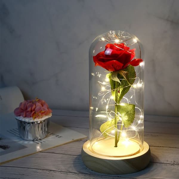CONFO® eternal rose under bell presentförpackning i glas skönhet och odjuret lysande LED träbas stjälk gröna blad röda till p