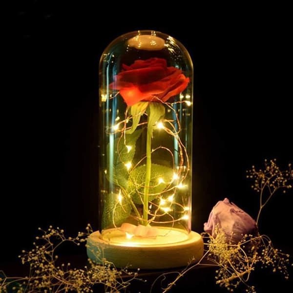 CONFO® eternal rose under bell presentförpackning i glas skönhet och odjuret lysande LED träbas stjälk gröna blad röda till p
