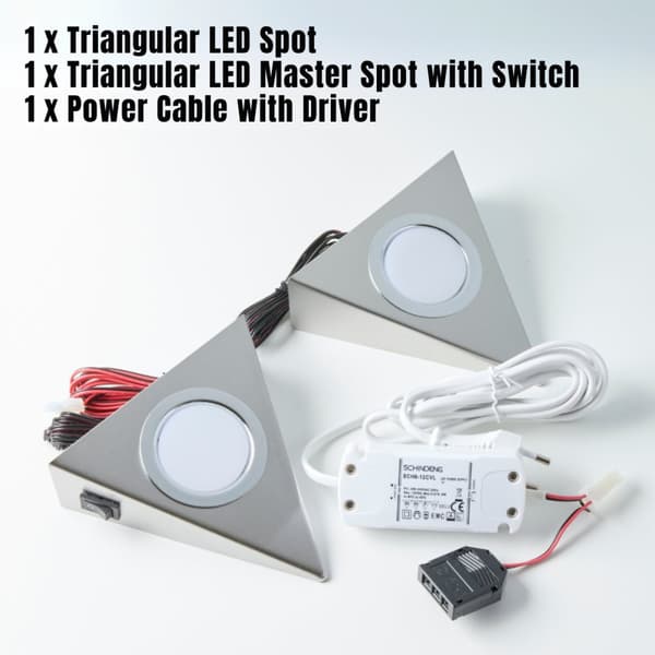 Loevschall Emerald Kit Underskabslys Køkken, trekantet LED-lampe, 3500K hvidt lys, nem installation med integreret kontakt, rustfrit stål, komplet sæt