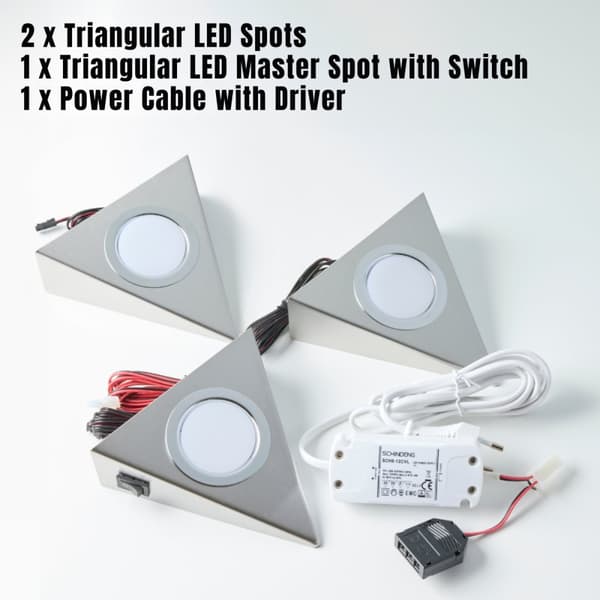 Loevschall Emerald Kit Underskabslys Køkken, trekantet LED-lampe, 3500K hvidt lys, nem installation med integreret kontakt, rustfrit stål, komplet sæt