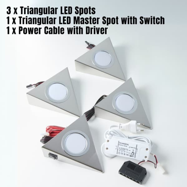 Loevschall Emerald Kit Underskabslys Køkken, trekantet LED-lampe, 3500K hvidt lys, nem installation med integreret kontakt, rustfrit stål, komplet sæt