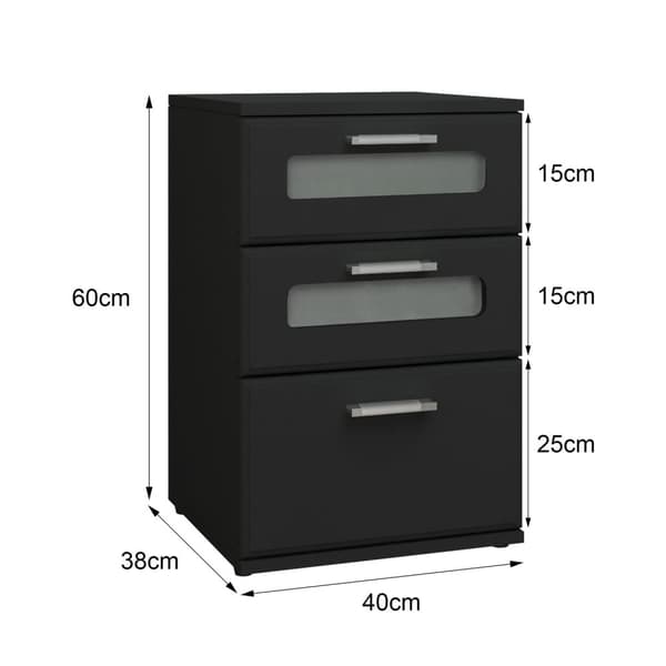 ML-Design Sengebord med 3 skuffer, top med glasindsats, sort, 40x60x38 cm, træ, boks forårsseng nat bord natkonsol kommode, egnet til hver seng