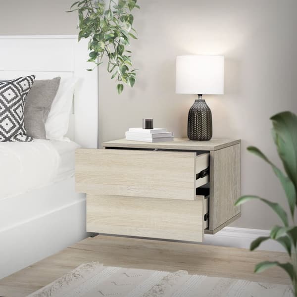 ML-Design Hængende natbord med 2 skuffer; Sonoma-ege; 42x29x30 cm; trækomposit; Svævende natbord; Vægmontering; Kommode; Natbord; Vægskab;