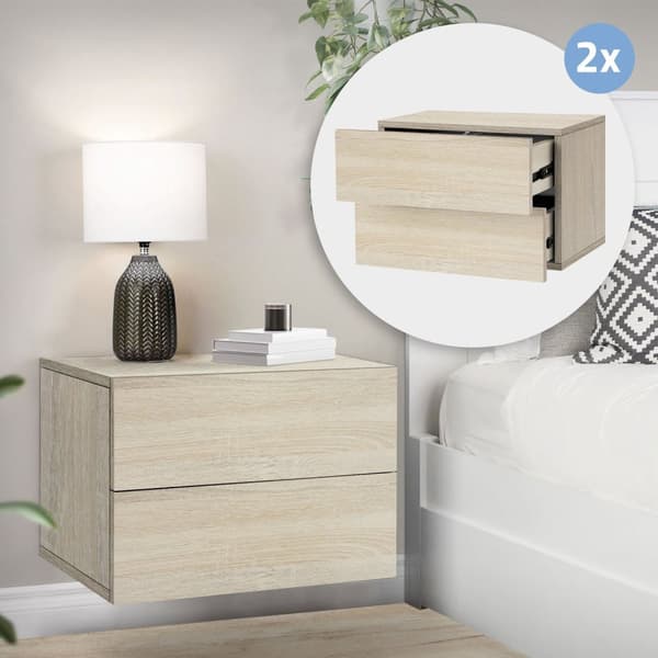ML-Design 2 kpl seinäkiinnitteinen yöpöytä; 2 laatikkoa; Sonoma-tammi; 42x29x30 cm; puukomposiitti; leijuva yöpöytä; seinäasennus; yökaappi;