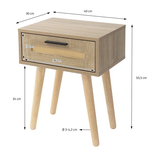 ML-Design set med 2 sängbord med 1 låda, 40x50,5x30 cm, ekutseende, sängskåp rottingfront massiva träfötter, sängbordslåda för boxspringbädd sovrum,
