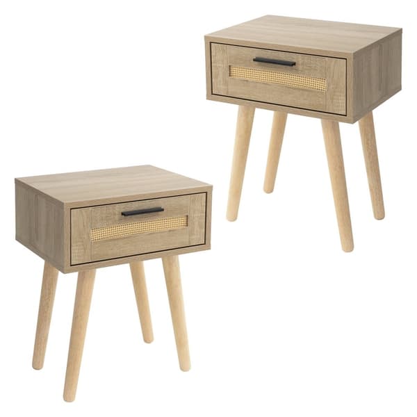 ML-Design set med 2 sängbord med 1 låda, 40x50,5x30 cm, ekutseende, sängskåp rottingfront massiva träfötter, sängbordslåda för boxspringbädd sovrum,