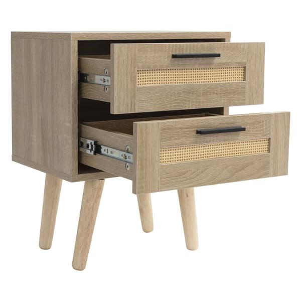 ML-Design sæt med 2 sengeborde med 2 skuffer, 40x50,5x30 cm egetræslook, sengebord rattan front massivt træ fødder, sengebord kommode til boxspring