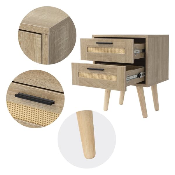 ML-Design sæt med 2 sengeborde med 2 skuffer, 40x50,5x30 cm egetræslook, sengebord rattan front massivt træ fødder, sengebord kommode til boxspring