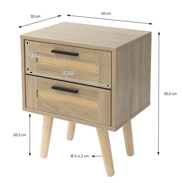 ML-Design sæt med 2 sengeborde med 2 skuffer, 40x50,5x30 cm egetræslook, sengebord rattan front massivt træ fødder, sengebord kommode til boxspring