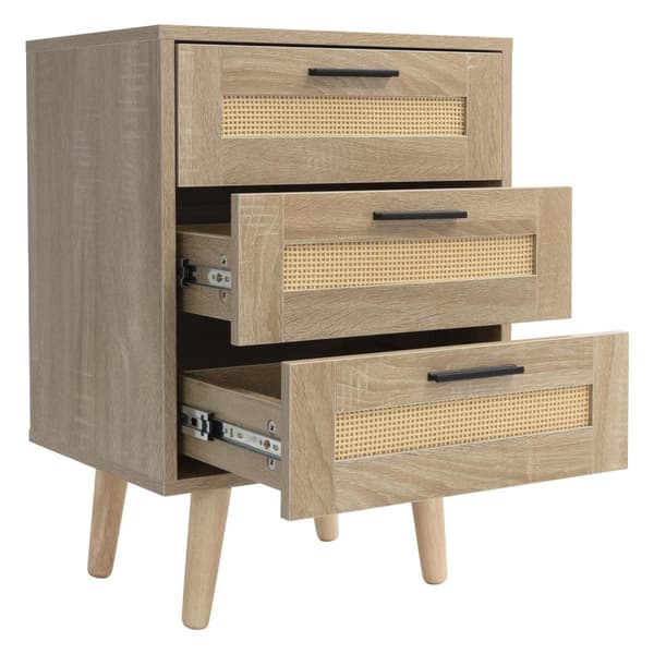 ML-Design sæt med 2 sengeborde med 3 skuffer, 45x63x34 cm, egetræslook, sengebord rattan front massivt træ fødder, sengebord til boxspring seng