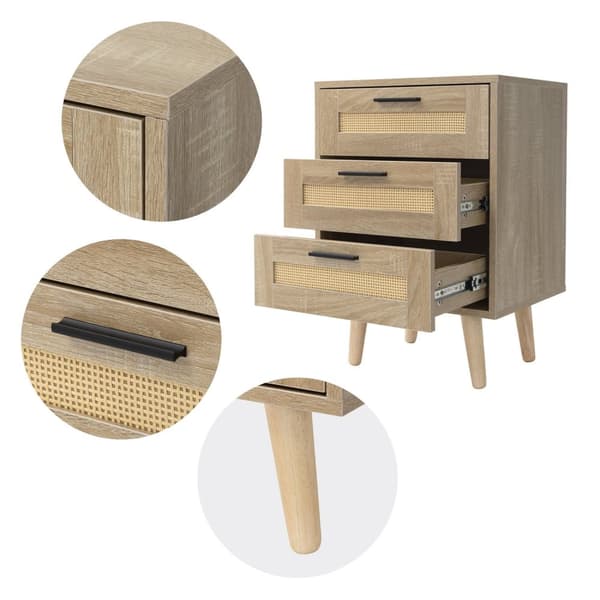 ML-Design sæt med 2 sengeborde med 3 skuffer, 45x63x34 cm, egetræslook, sengebord rattan front massivt træ fødder, sengebord til boxspring seng