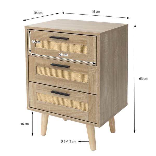 ML-Design sæt med 2 sengeborde med 3 skuffer, 45x63x34 cm, egetræslook, sengebord rattan front massivt træ fødder, sengebord til boxspring seng