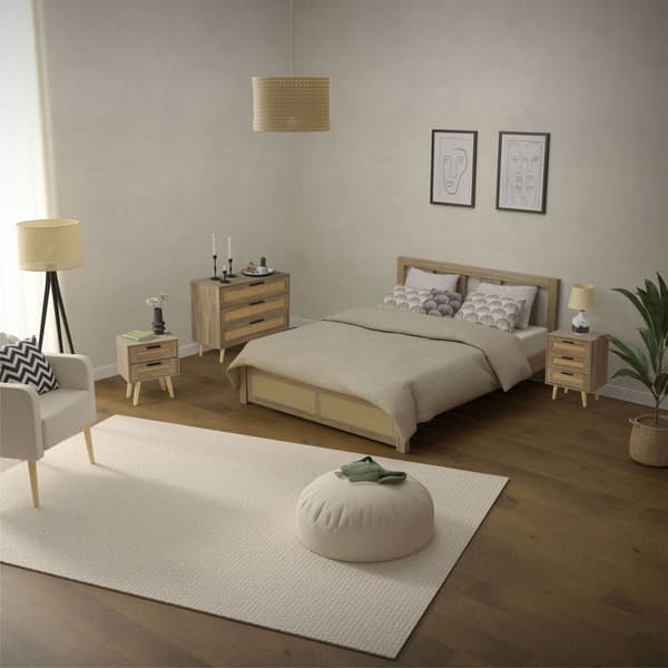 ML-Design sæt med 2 sengeborde med 3 skuffer, 45x63x34 cm, egetræslook, sengebord rattan front massivt træ fødder, sengebord til boxspring seng