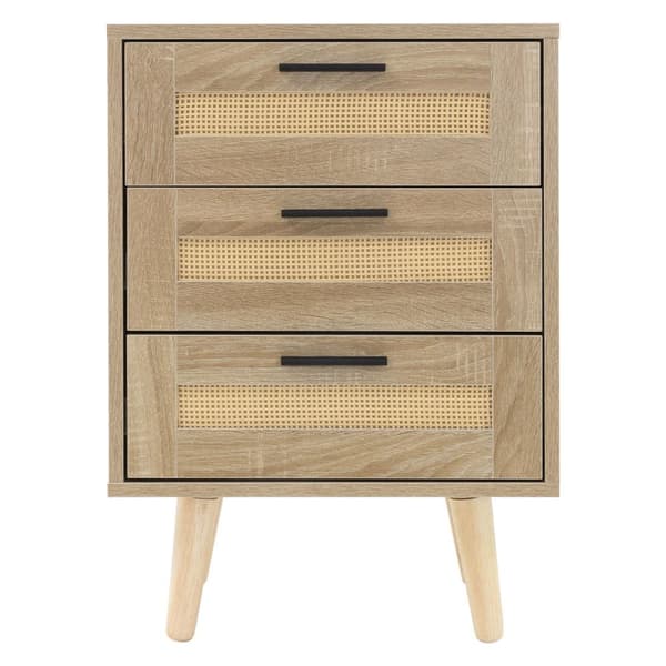 ML-Design sæt med 2 sengeborde med 3 skuffer, 45x63x34 cm, egetræslook, sengebord rattan front massivt træ fødder, sengebord til boxspring seng