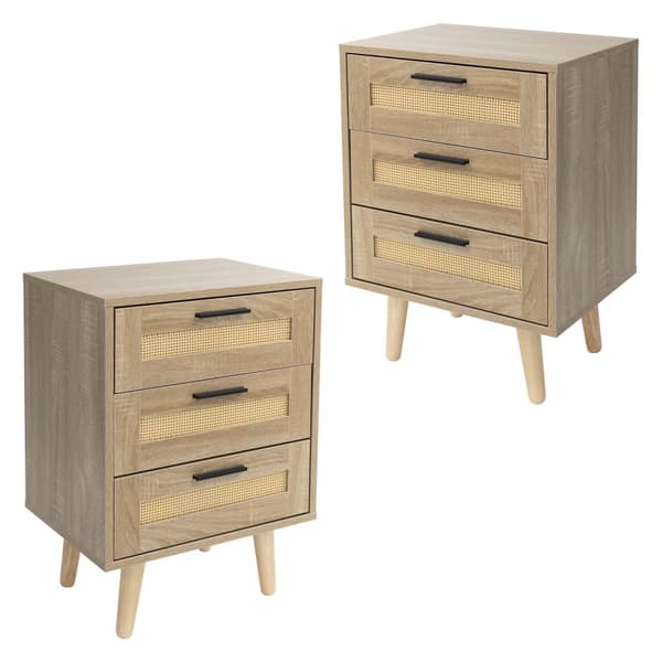ML-Design sæt med 2 sengeborde med 3 skuffer, 45x63x34 cm, egetræslook, sengebord rattan front massivt træ fødder, sengebord til boxspring seng