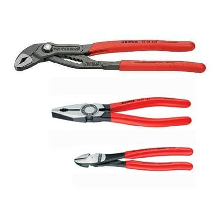 Box med 3 KNIPEX tång - Cobra 250mm, skärande 160mm, universal 180mm - Röd