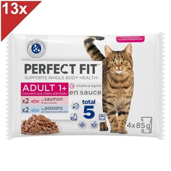 PERFECT FIT 52 färska påsar med fisksås för steriliserade vuxna katter 85g (13x4)